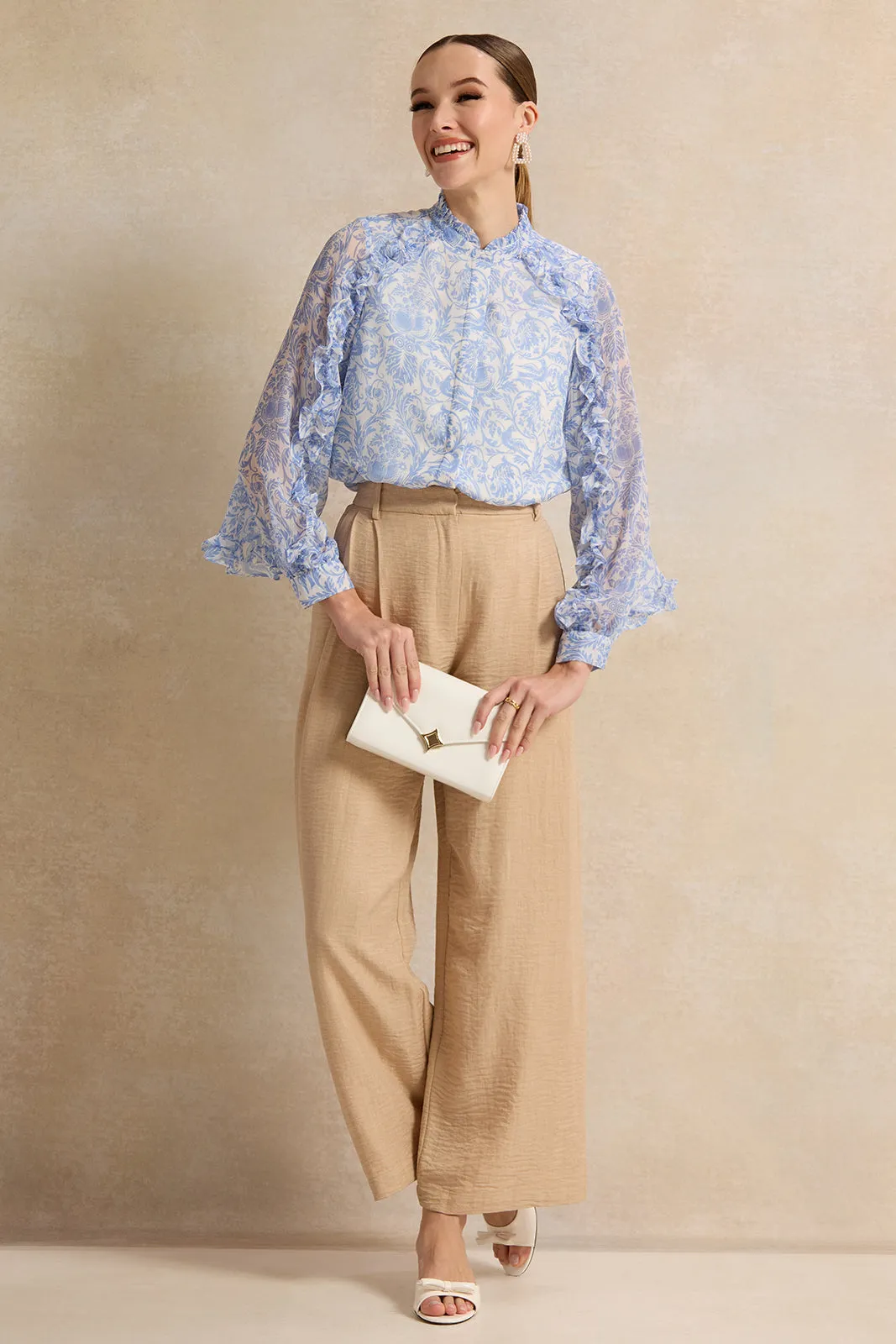 Women Blue Printed Chiffon Blouse