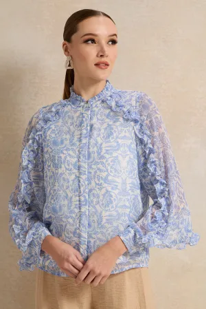 Women Blue Printed Chiffon Blouse