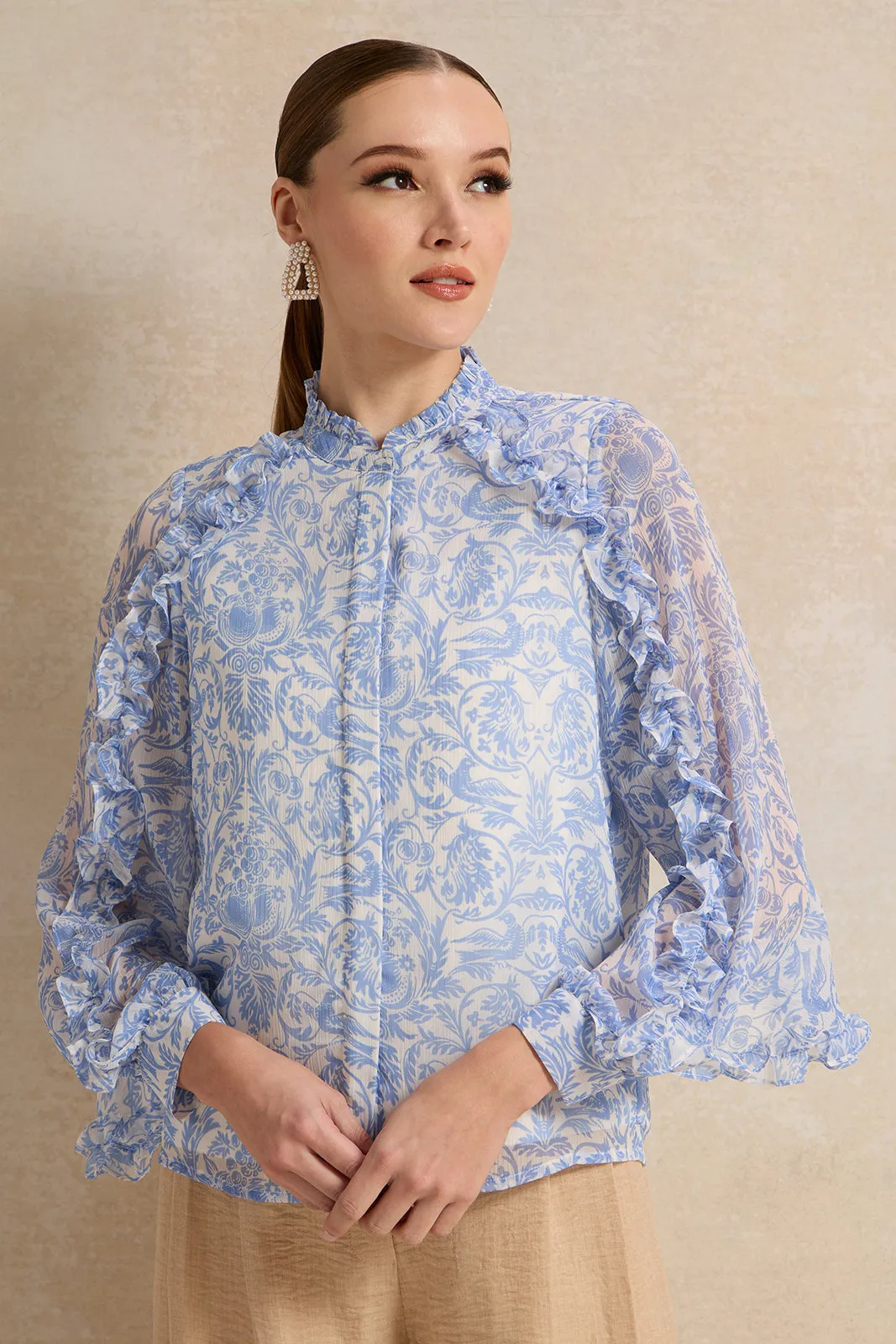 Women Blue Printed Chiffon Blouse