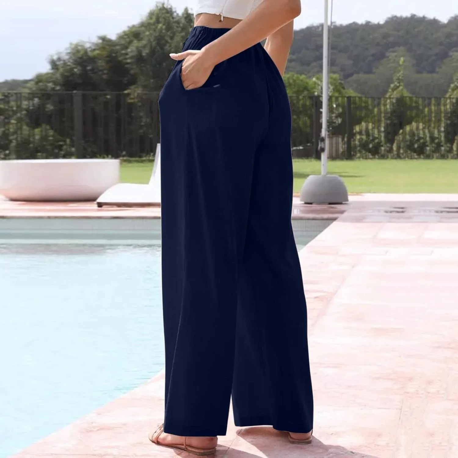 Womens Cotton Linen Palazzo Pants Drawstring Elastic Waist Casual Wide Leg Pants with Pockets Summer Loose Boho Beach Pants