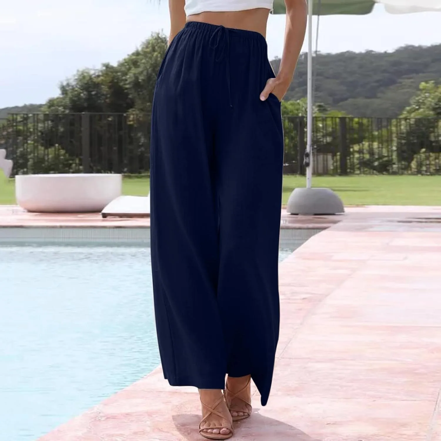 Womens Cotton Linen Palazzo Pants Drawstring Elastic Waist Casual Wide Leg Pants with Pockets Summer Loose Boho Beach Pants
