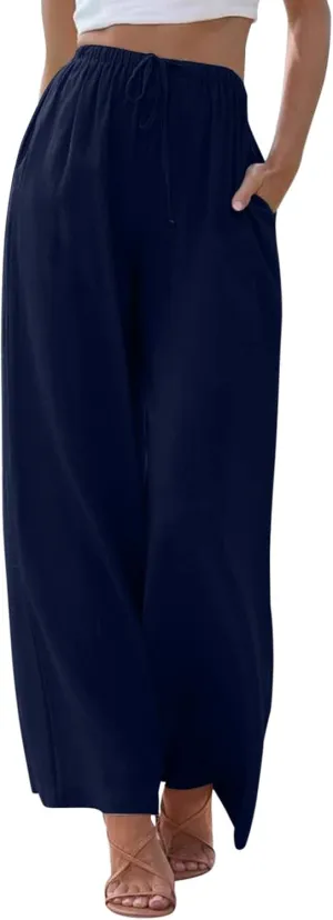 Womens Cotton Linen Palazzo Pants Drawstring Elastic Waist Casual Wide Leg Pants with Pockets Summer Loose Boho Beach Pants