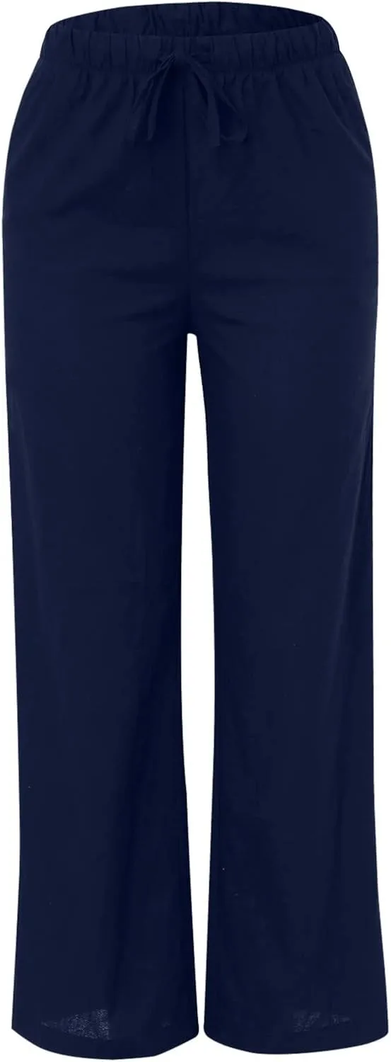 Womens Cotton Linen Palazzo Pants Drawstring Elastic Waist Casual Wide Leg Pants with Pockets Summer Loose Boho Beach Pants