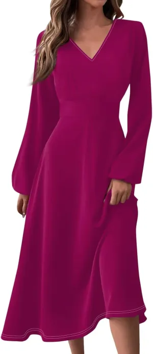 Women'S Dresses for Wedding Guest Fall Long Sleeve Wrap V Neck Ruffle Belted A-Line Flowy Midi Dresses
