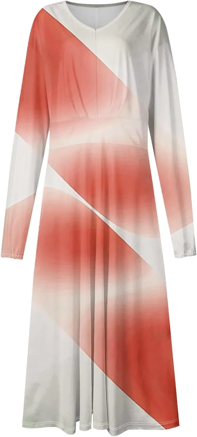 Women's Light Gradient Long Sleeve Dresses Fashion Formal V-Neck Spring Long Dress
