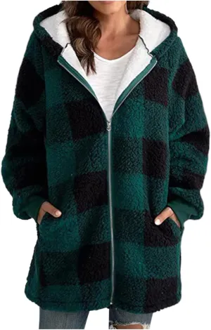 Women's Oversized Plaid Fleece Lined Hoodies Jacket Zip up Flannel Fuzzy Coats Casual Loose Outwear with Pockets