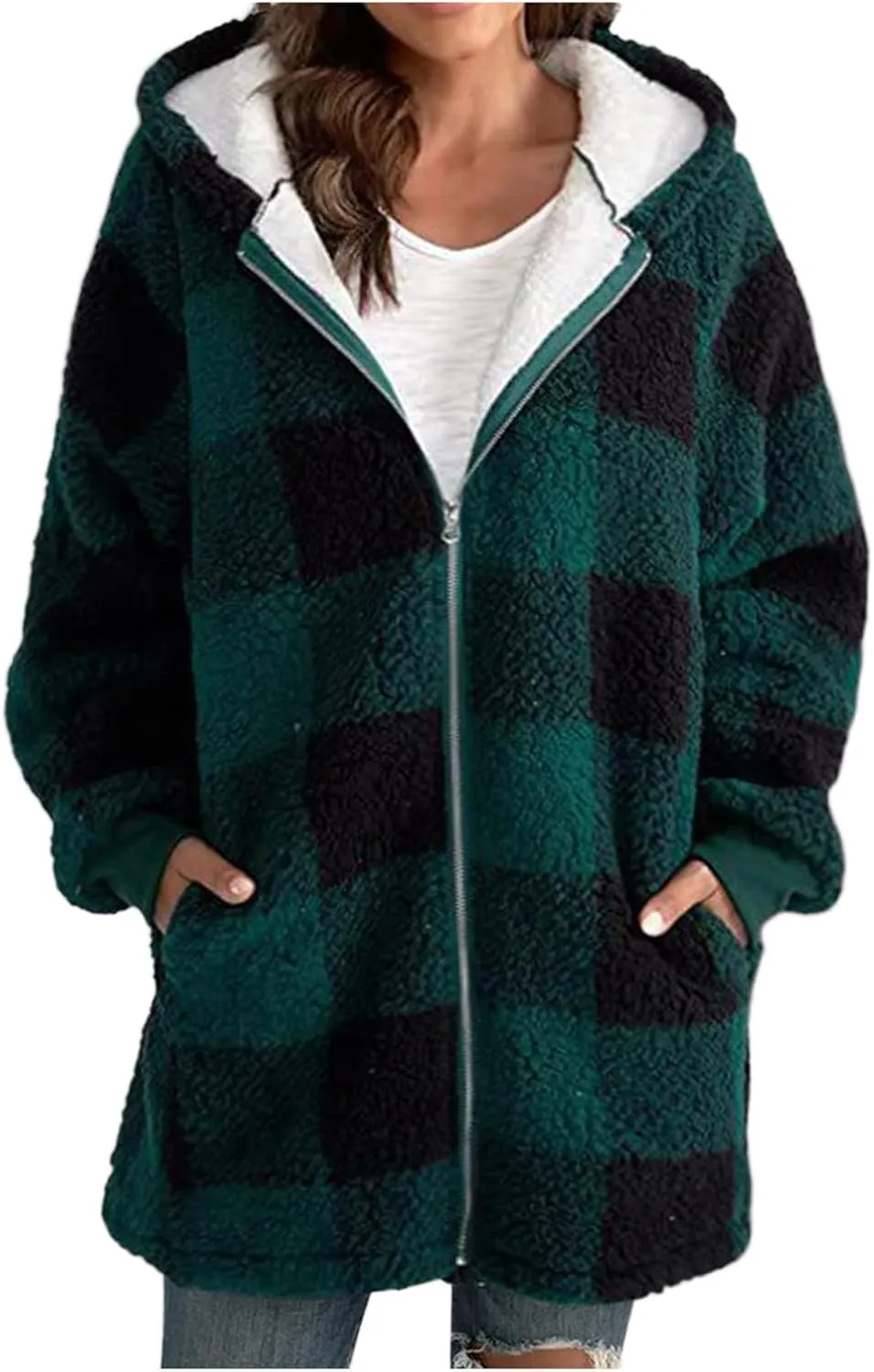 Women's Oversized Plaid Fleece Lined Hoodies Jacket Zip up Flannel Fuzzy Coats Casual Loose Outwear with Pockets