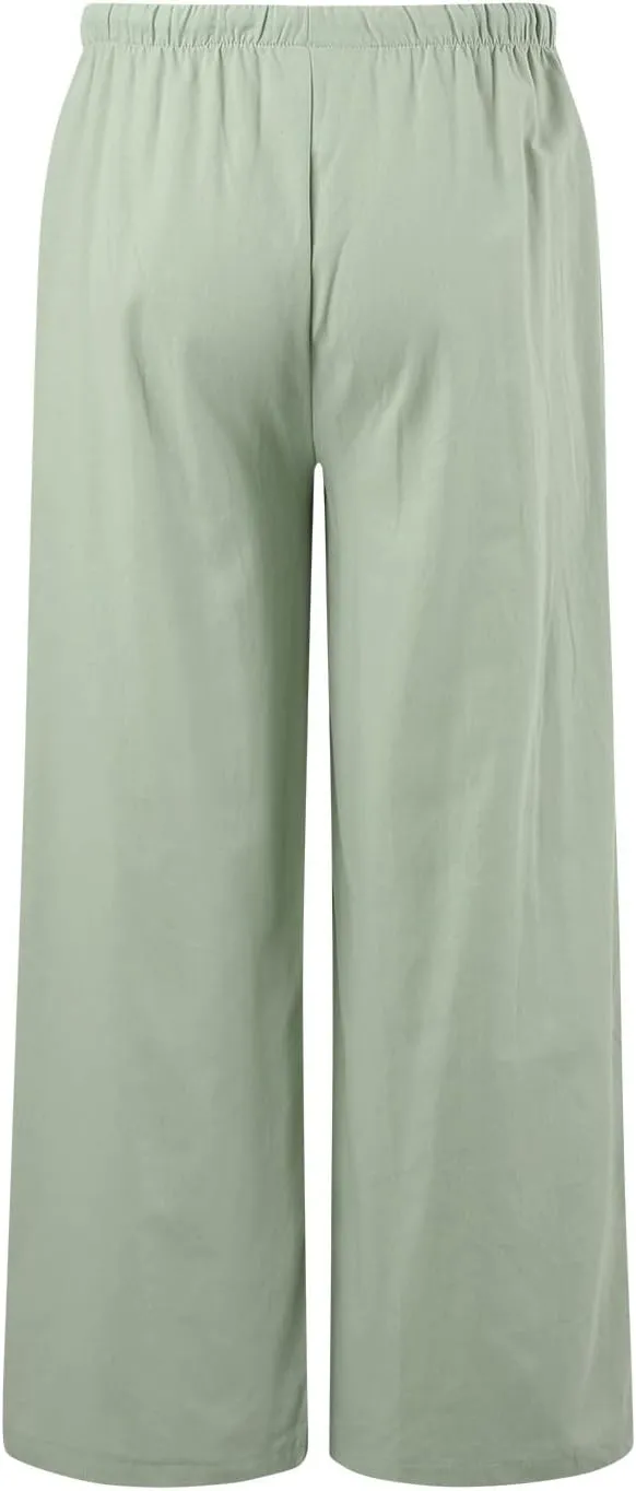 Womens Summer Linen Palazzo Pants Flowy Wide Leg Beach Pants with Pockets Casual Vacation Travel Pants Cool Hawaii Pants