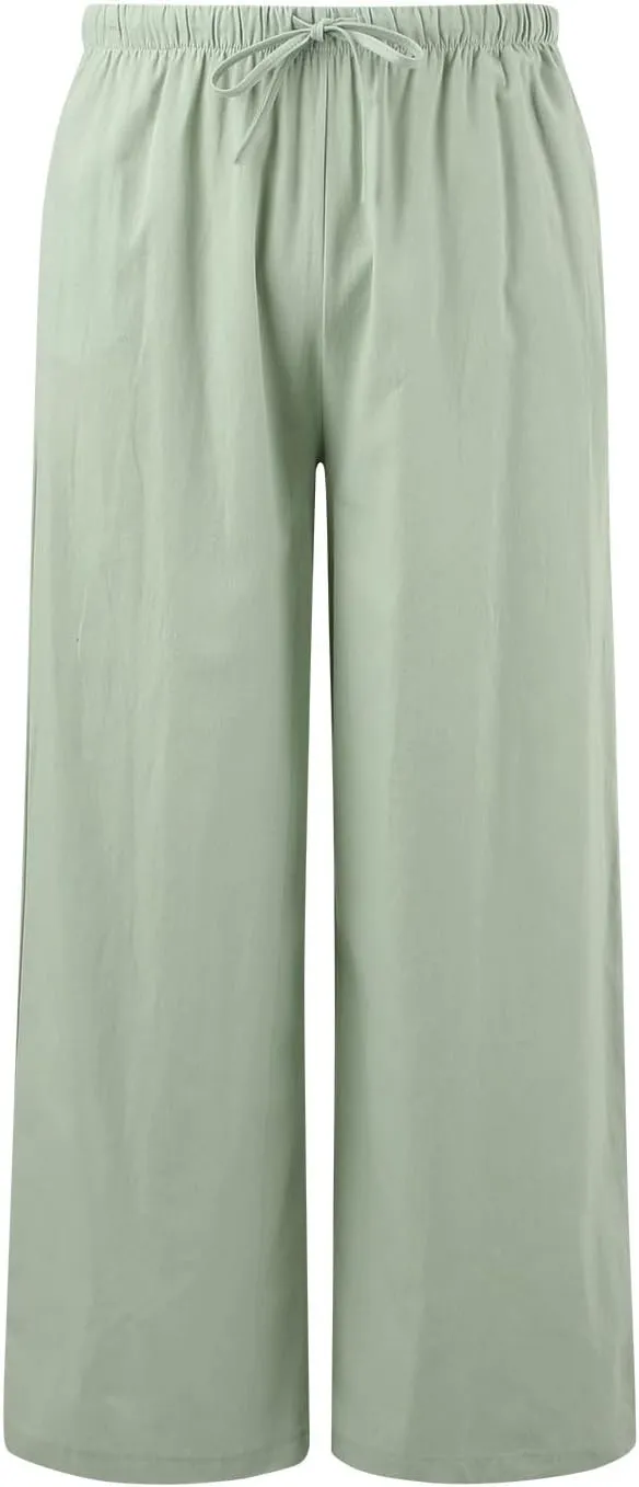 Womens Summer Linen Palazzo Pants Flowy Wide Leg Beach Pants with Pockets Casual Vacation Travel Pants Cool Hawaii Pants