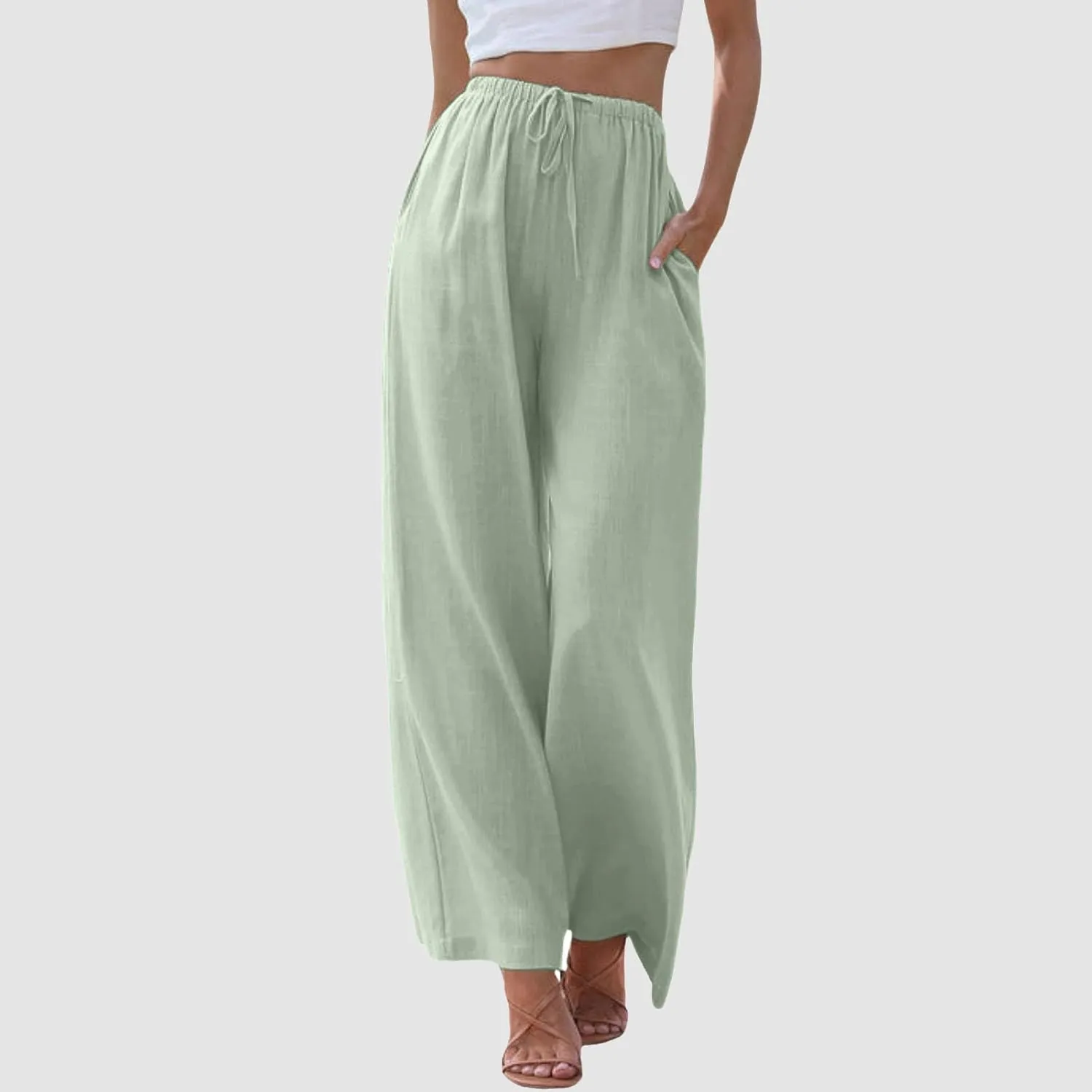 Womens Summer Linen Palazzo Pants Flowy Wide Leg Beach Pants with Pockets Casual Vacation Travel Pants Cool Hawaii Pants