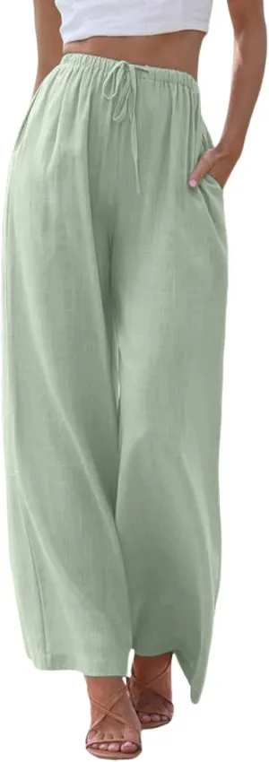 Womens Summer Linen Palazzo Pants Flowy Wide Leg Beach Pants with Pockets Casual Vacation Travel Pants Cool Hawaii Pants