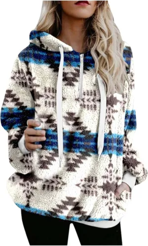 ZDRZK Women's Sweatshirts Plush 2024 Fall And Winter Warm Camo Hoodies Oversized Casual Long Sleeve Drawstring Clothes