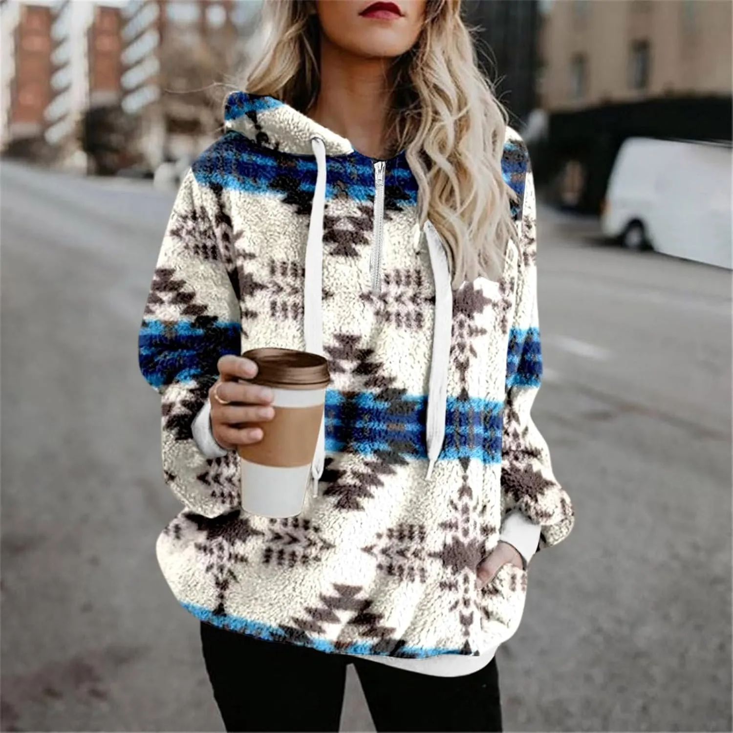 ZDRZK Women's Sweatshirts Plush 2024 Fall And Winter Warm Camo Hoodies Oversized Casual Long Sleeve Drawstring Clothes